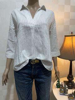 BLOUSE VNECK MOTIF GARIS-GARIS BAHAN KATUN TEBAL LENGAN 3/4