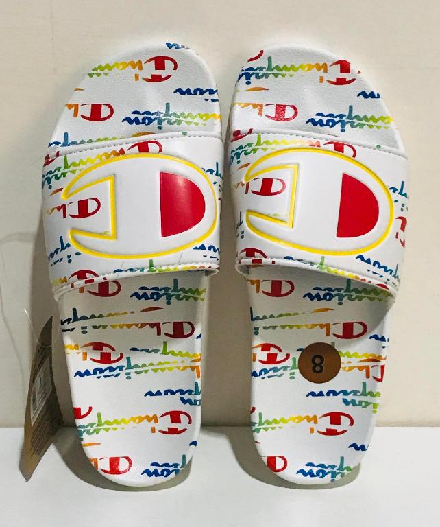 CHAMPION IPO SPLICED WHITE RAINBOW POOL SLIP ON SLIDES SANDALS