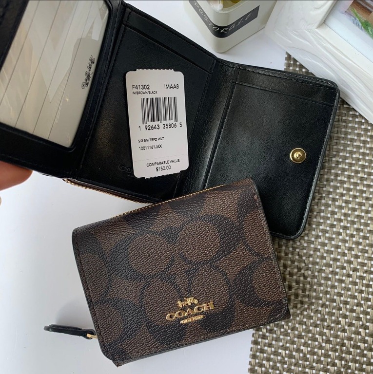 Coach Women's Small Trifold Wallet In Signature Canvas F41302 Brown