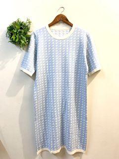 Korean dress knitted houndstooth blue and white a line style