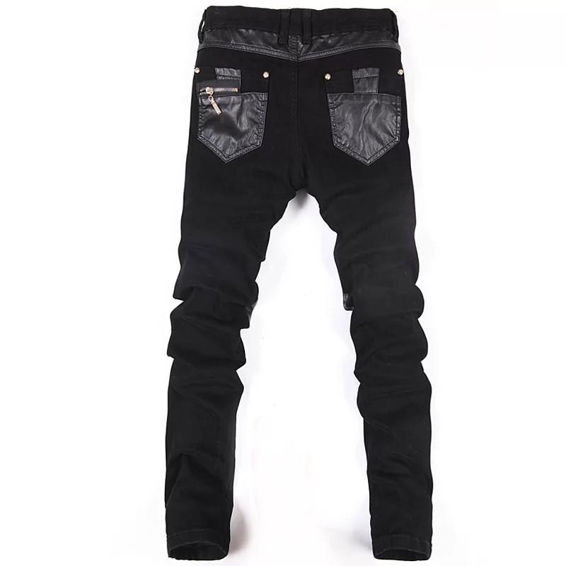 Men jeans black denim pants pu leather Men s Fashion Bottoms