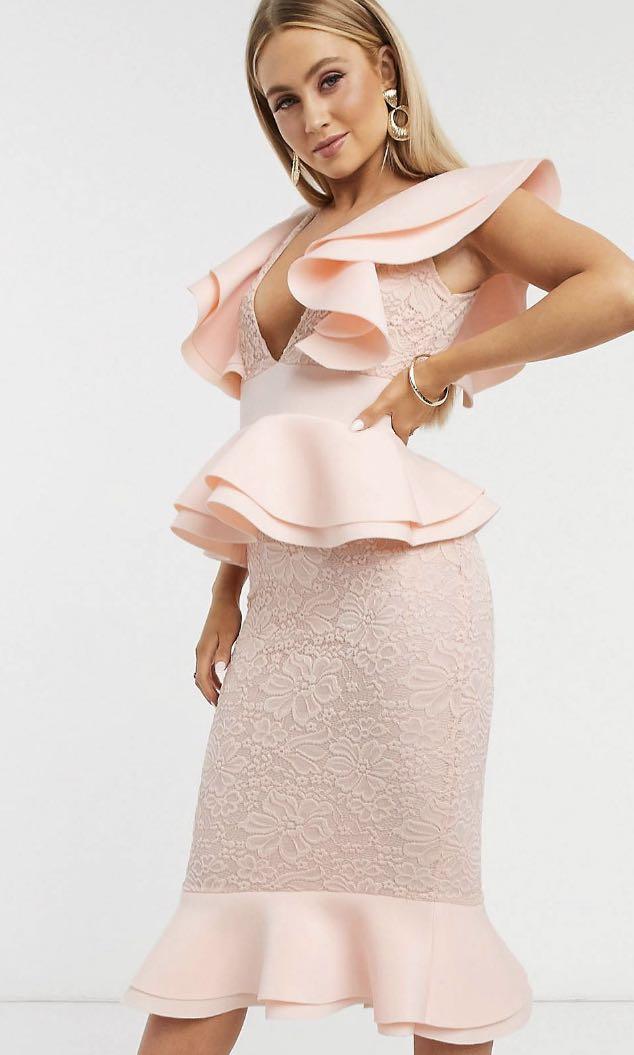 Extreme frill peplum hem scuba midi dress in pink on sale