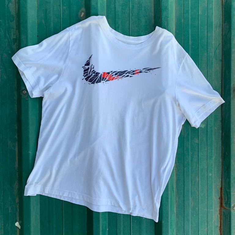White nike shirt with blue swoosh discount