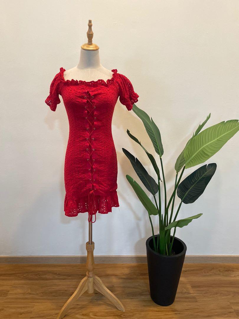 Red ruffle short dress shop