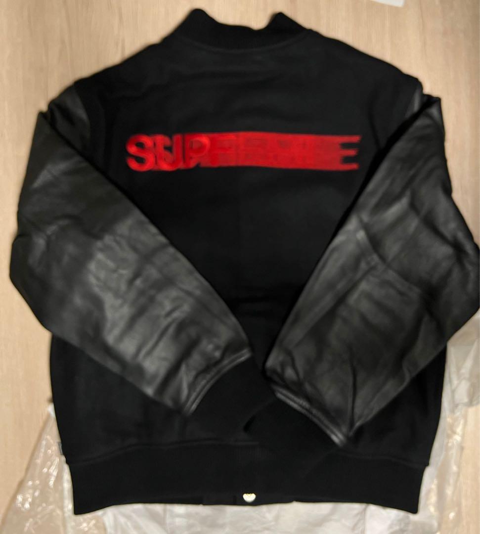 Supreme motion logo Varsity leather jacket, 名牌, 服裝- Carousell