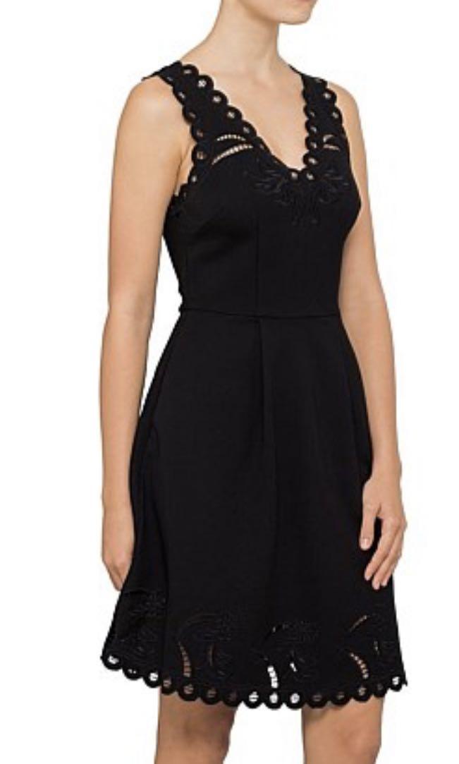 Ted Baker Emalise V neck Embroidered Skater Dress in Black