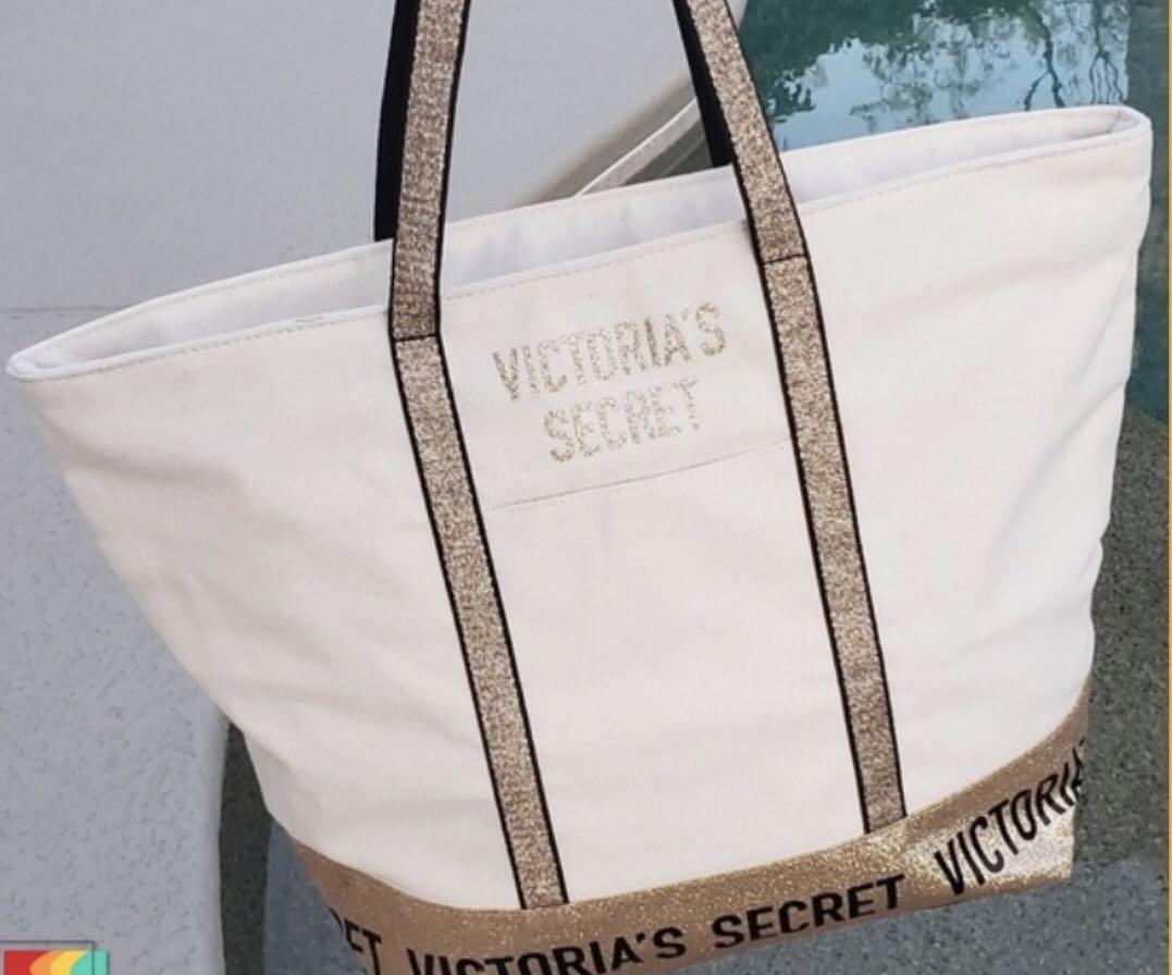 Victoria secret gold store glitter tote bag