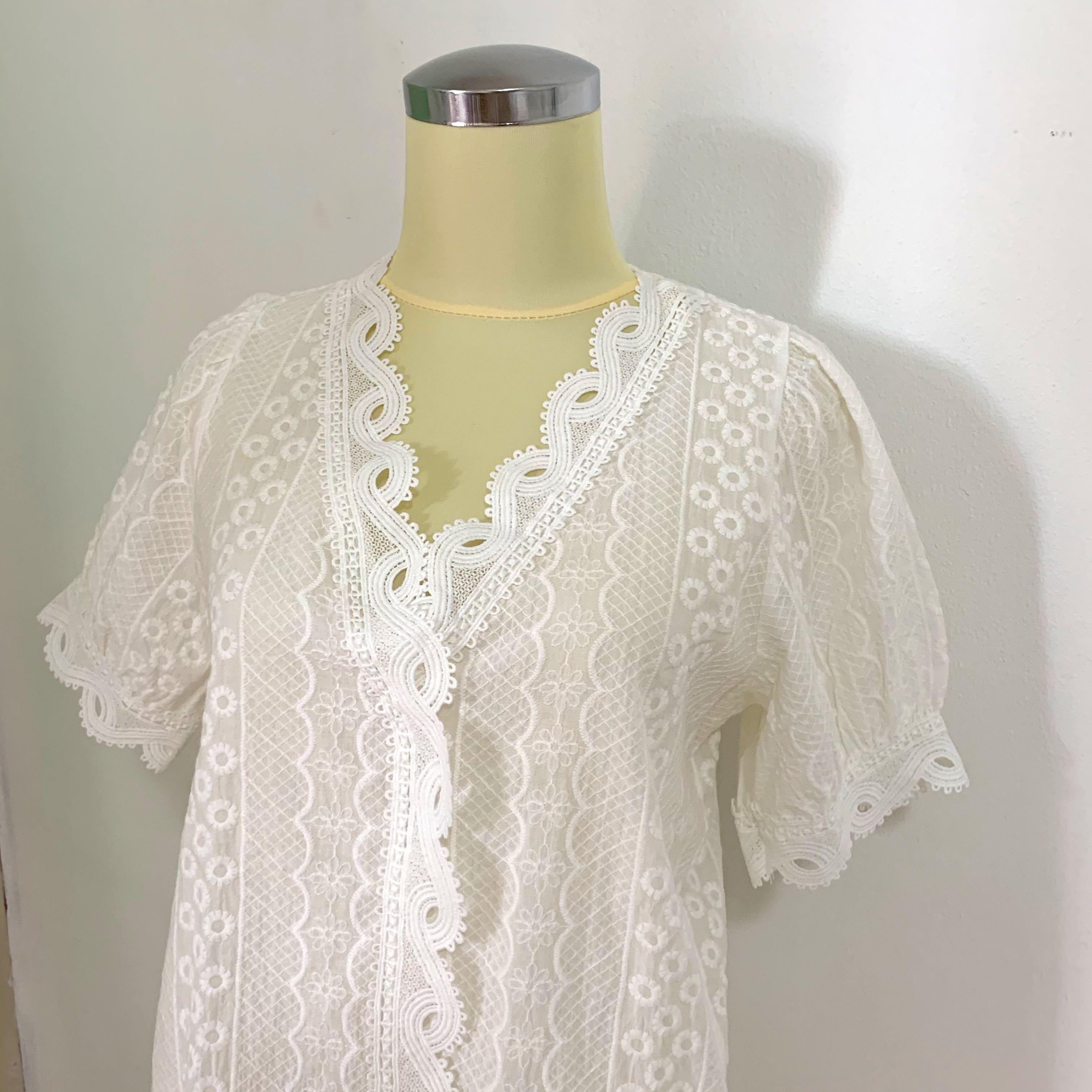White Eyelet Embroidery Blouse, Fesyen 