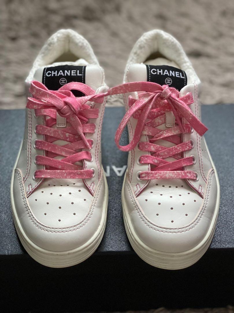 Chanel Pink Canvas And White Leather CC Lace Up Sneakers Size 36 Chanel