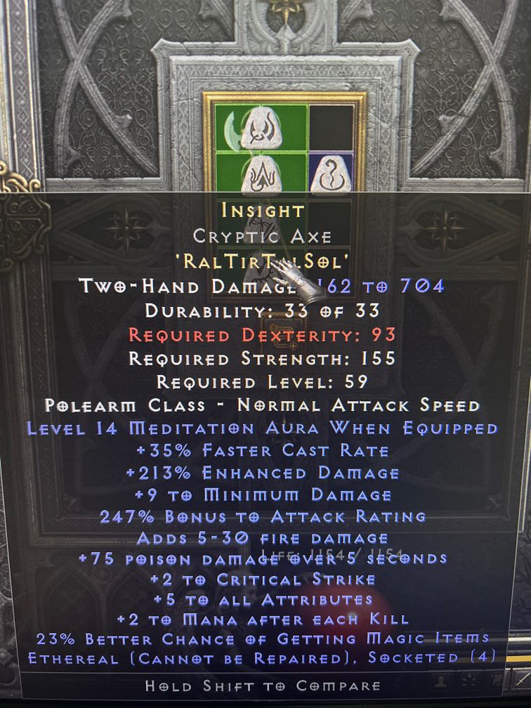 Ethereal Cryptic Axe Insight Runeword D2R, Video Gaming, Gaming