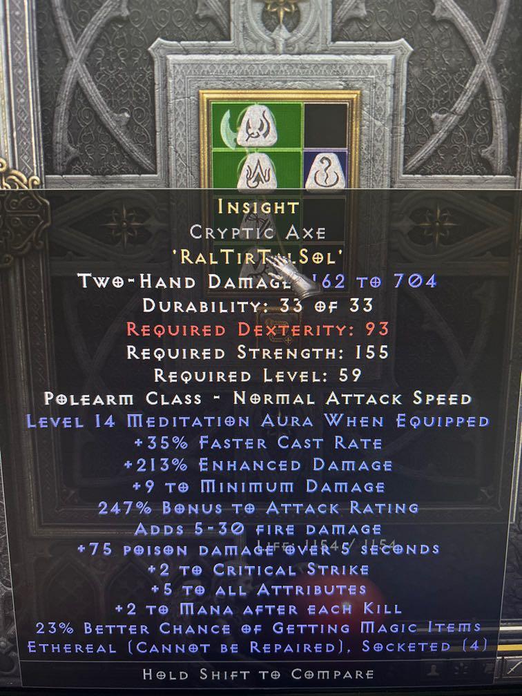 Ethereal Cryptic Axe Insight Runeword D2R, Video Gaming, Gaming