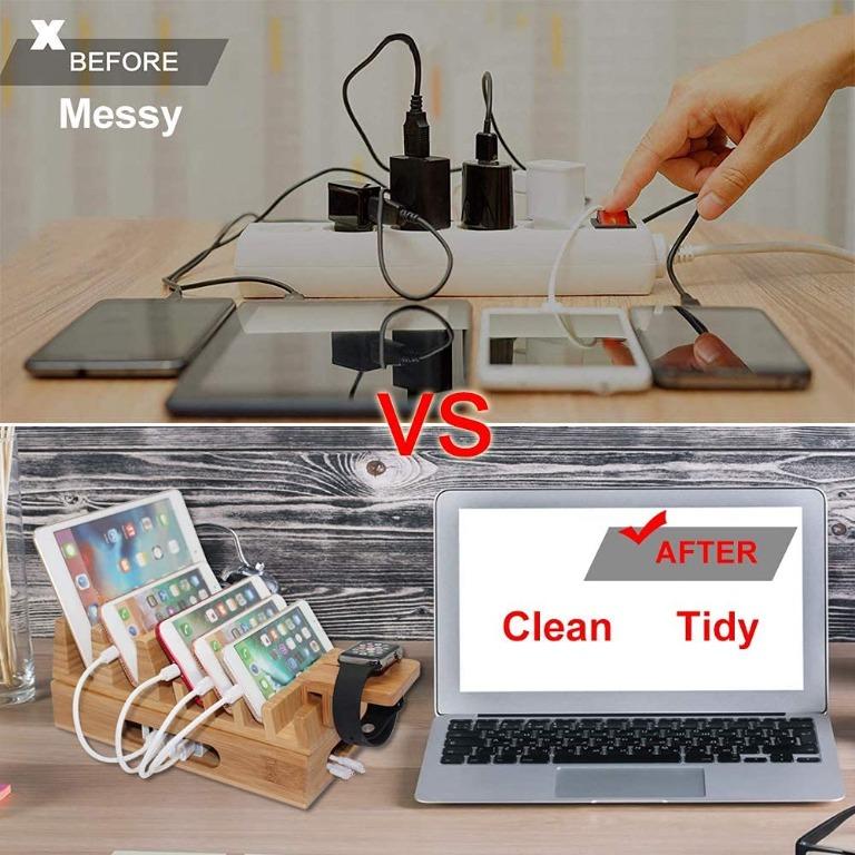 ランキング総合1位 Pezin ＆ Hulin Bamboo Charger Station for Multiple Device (Included Port USB Charger, Pack Charging Cables, Watch ＆ Earbuds Stand), Desktop Elect