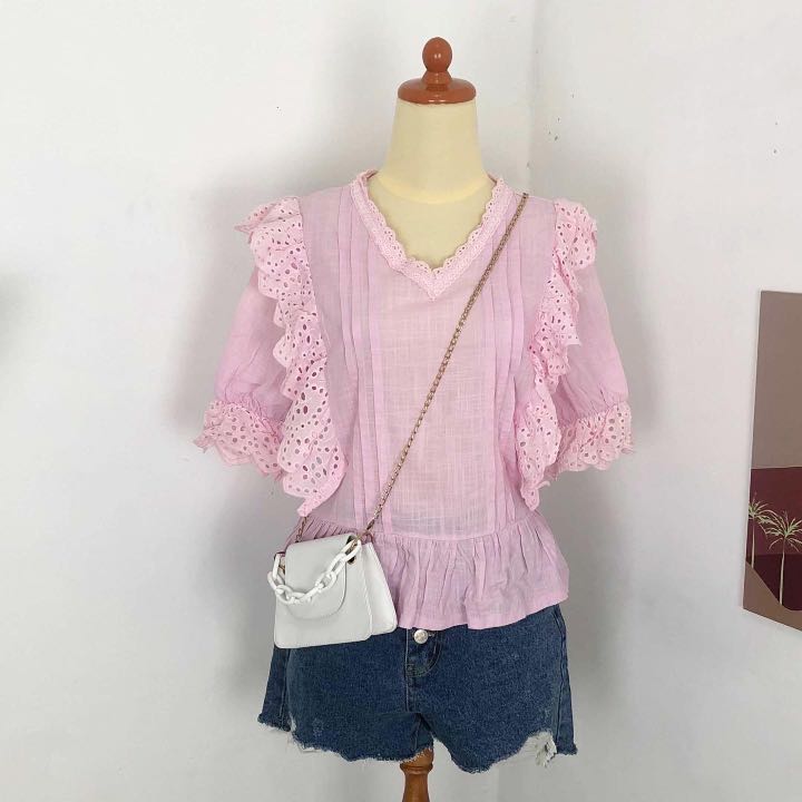 Pink lace ruffle korean blouse top 