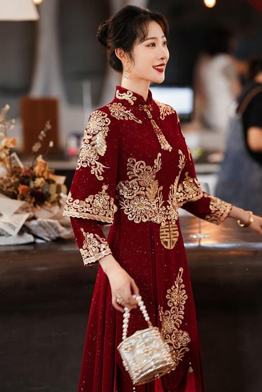 pre order red gold long sleeve cheongsam glitter kua wedding bridal evening  prom dress gown RBP1707, Women's Fashion, Dresses & Sets, Evening Dresses &  Gowns on Carousell