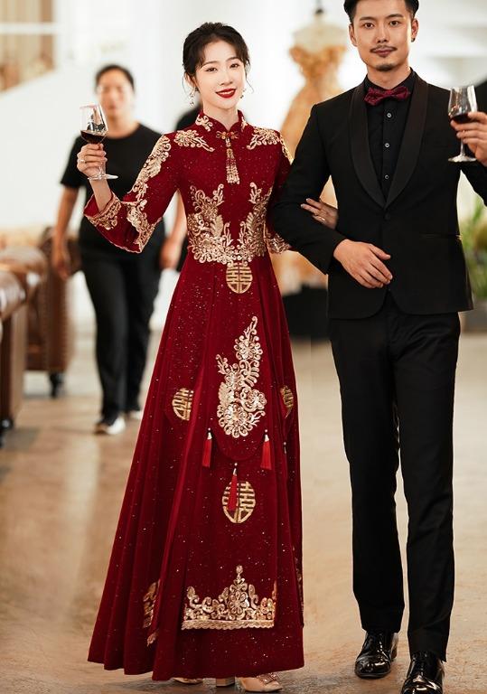Red Chinese wedding dress, red Qipao prom dress, wedding Qipao