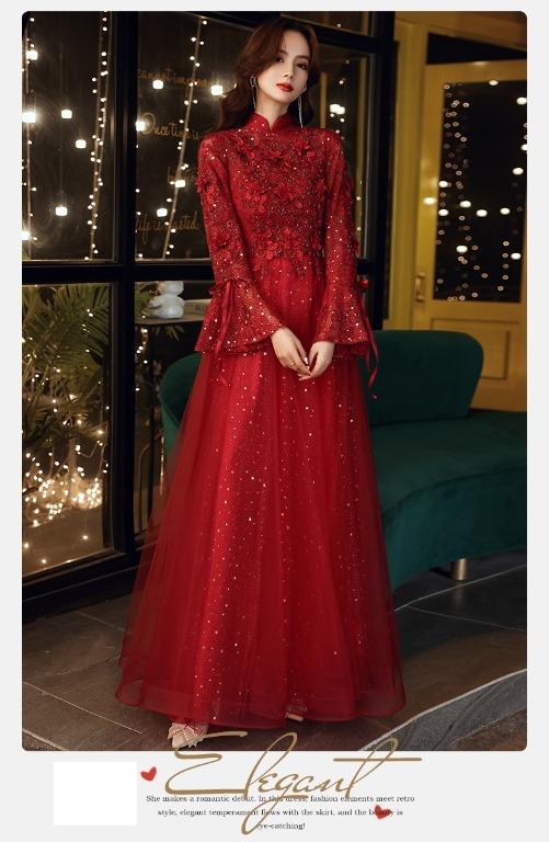 Red long sleeve ball gown hot sale