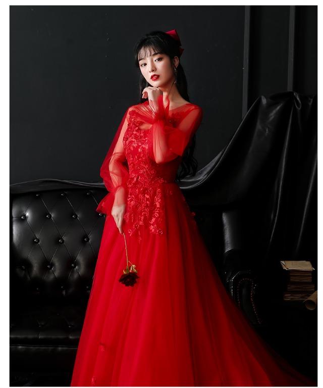 Red evening new arrivals gowns with sleeves