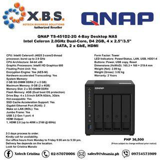 QNAP TS-451D2-2G 4-Bay Desktop NAS Intel Celeron 2.0GHz Dual-Core, D4 2GB, 4 x 2.5"/3.5" SATA, 2 x GbE, HDMI