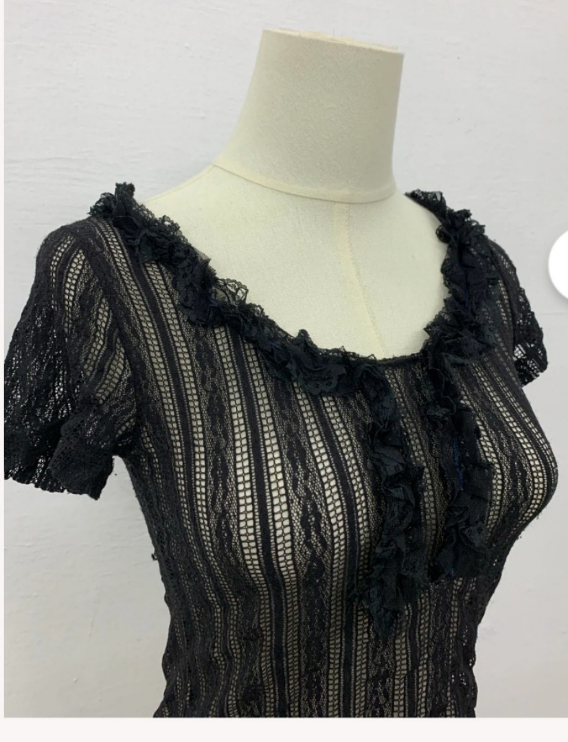 thrifted black lace see through square neck top, Women's Fashion, Tops ...
