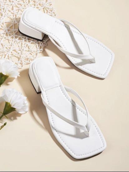 White chunky block heel thong sandals