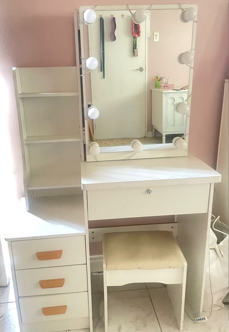 White dresser vanity with lights drawer with shelves, Furniture & Home