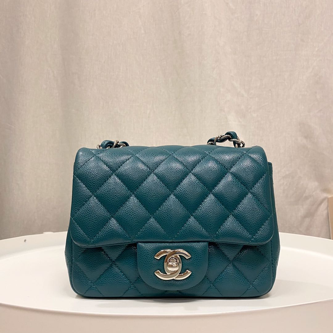 Authentic Chanel Turquoise Mini Square Classic Flap bag in Caviar and  Silver Hardware, Luxury, Bags & Wallets on Carousell