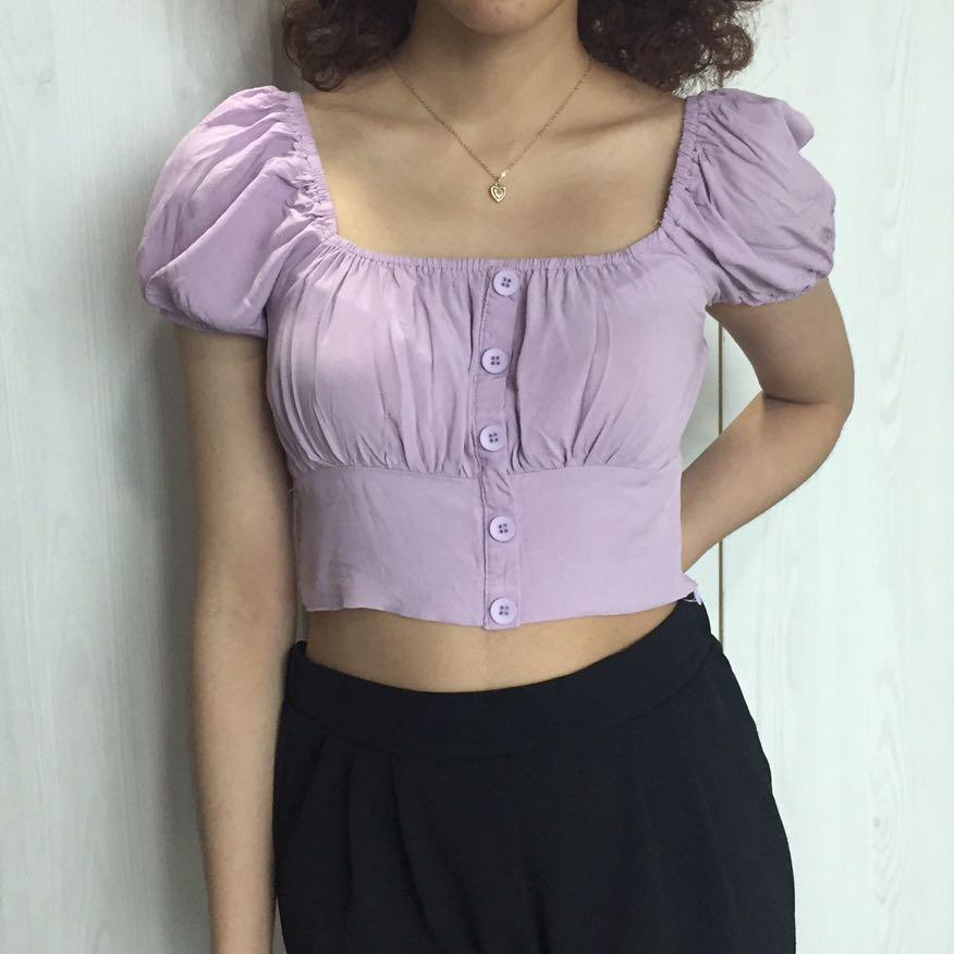 Purple puff sleeve crop top deals