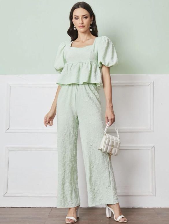 Mint Floral Appliqué Puff Sleeve Top 