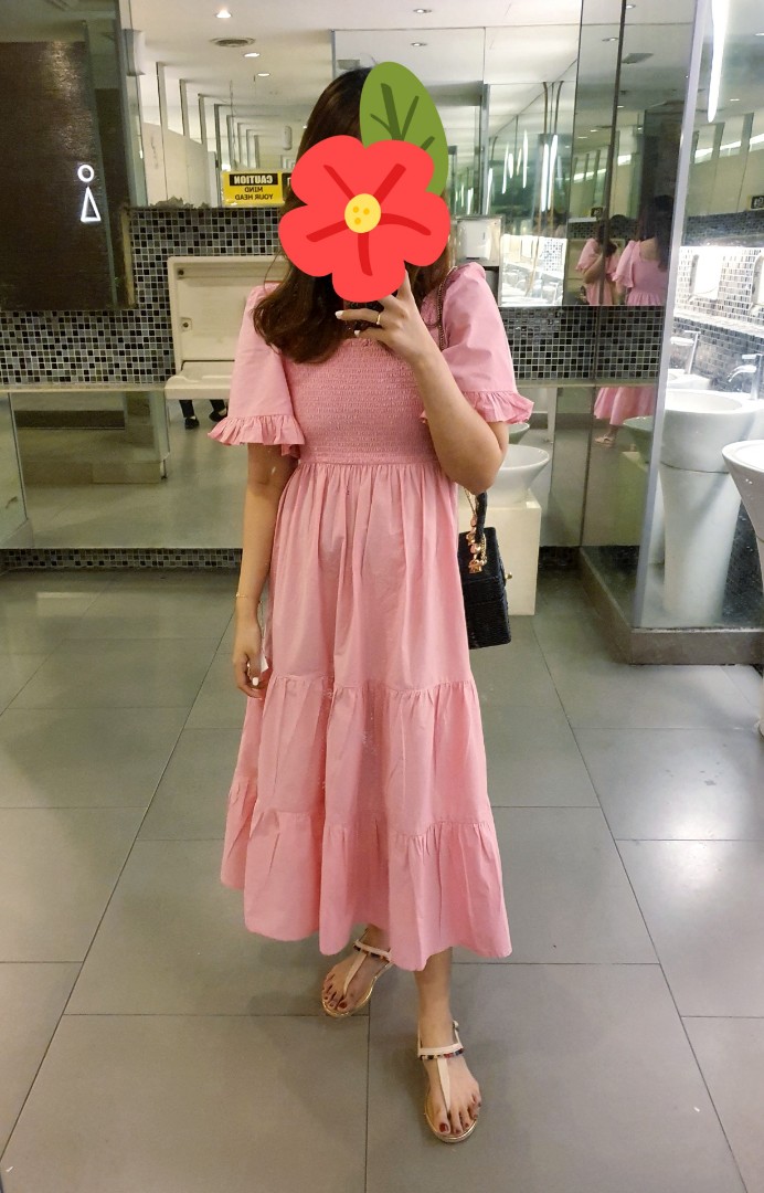 Monki XS pink smocked tiered maxi dress Women s Fashion Dresses