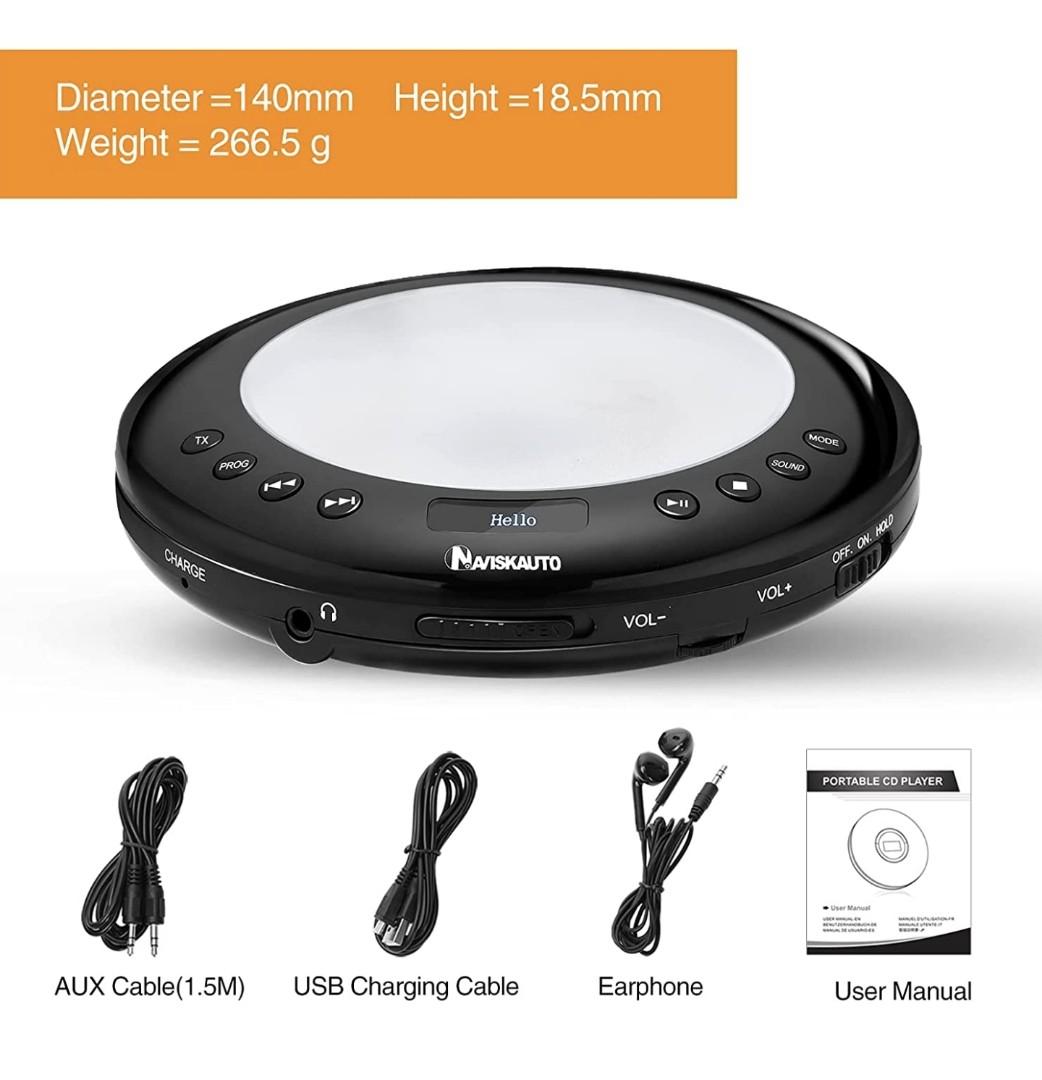NAVISKAUTO Portable CD Player for Car with 2000mAh Rechargeable Battery