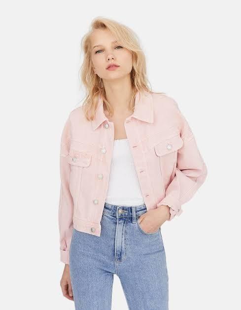 Stradivarius pink denim jacket, Fesyen 
