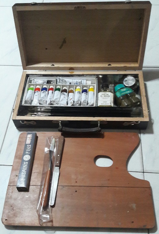 Vintage Wooden Art Case Paint Travel Box with Used Holbein Oil Paint