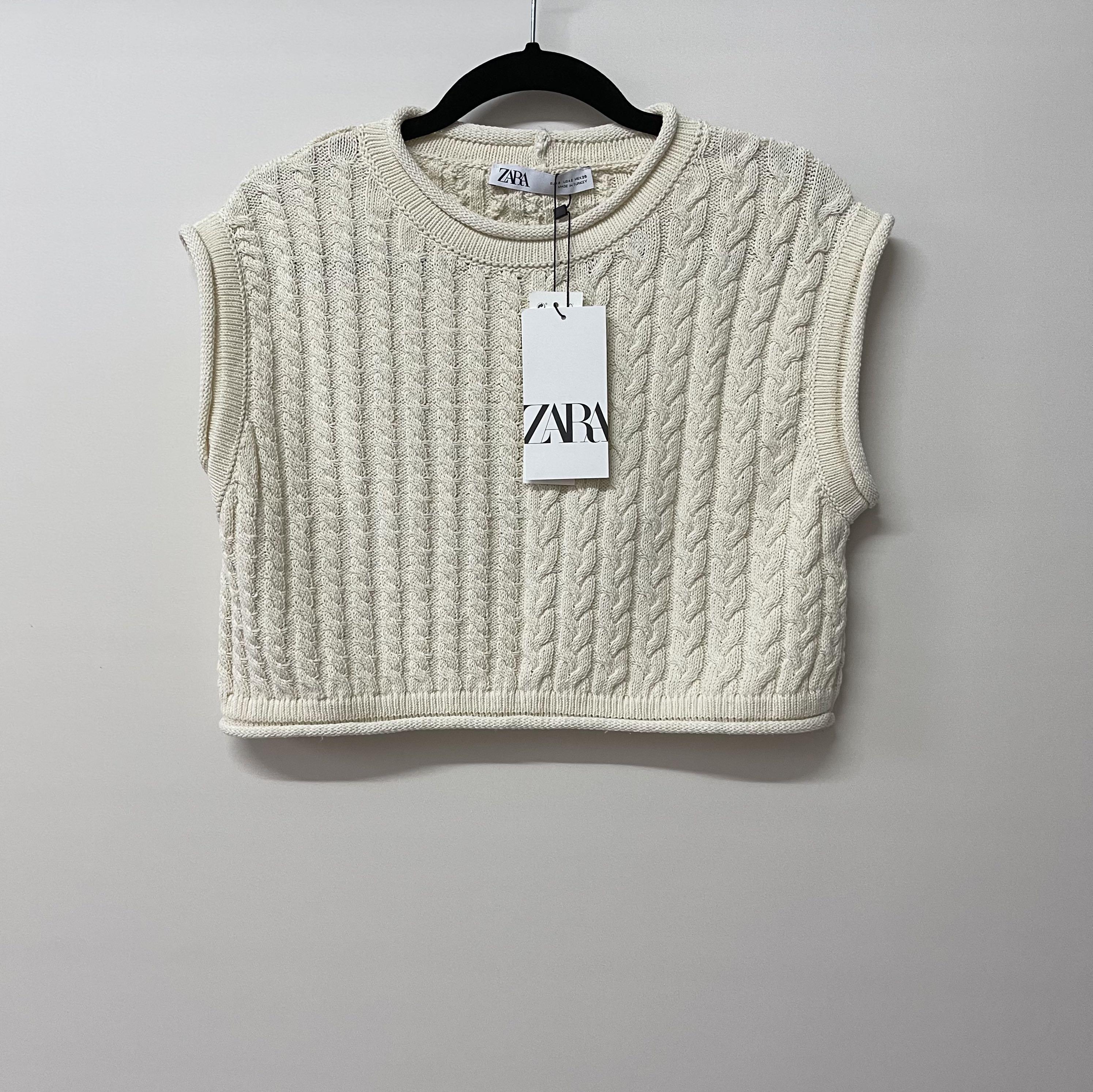 Zara Ecru cable knit cropped top, Women 