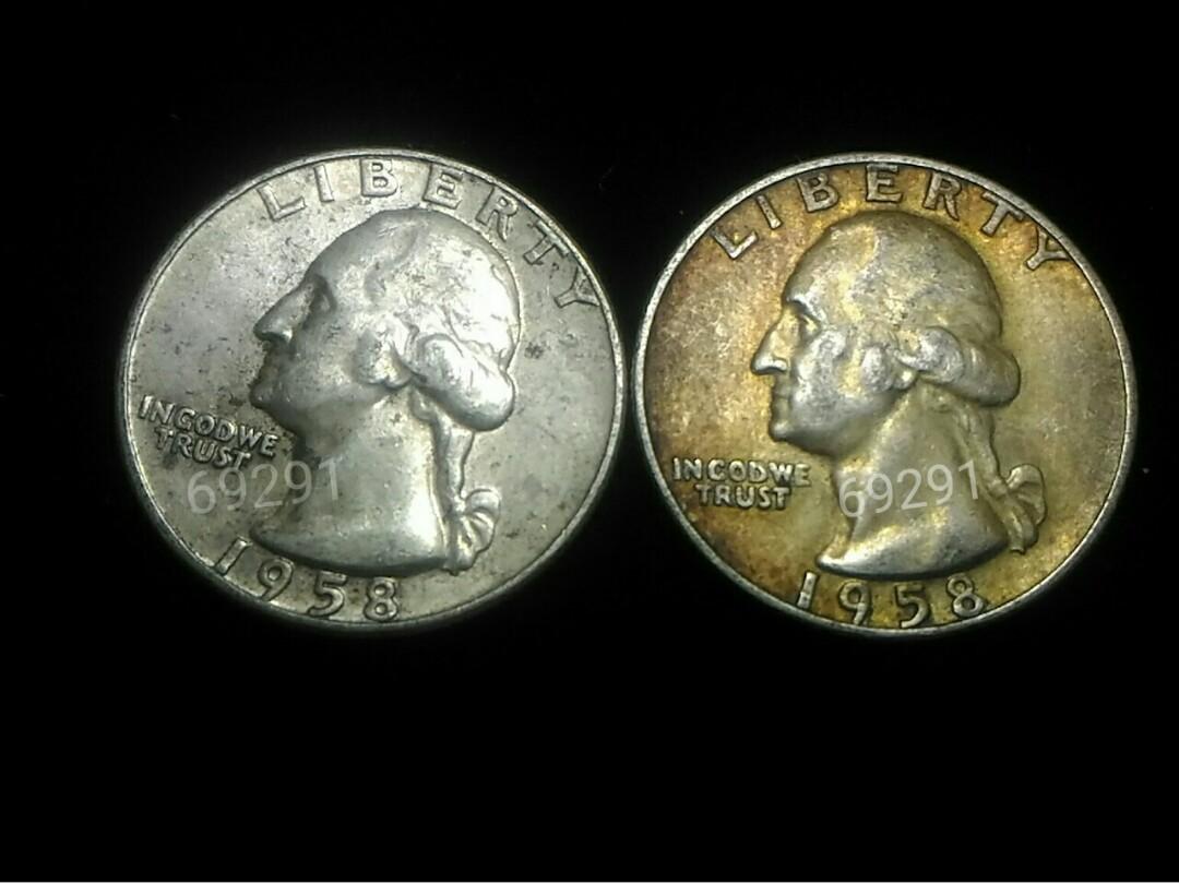 1958美國25美分銀幣，美國25美分硬幣，美國銀幣，銀幣，收藏錢幣，錢幣，幣，紀念幣~1958年美國25美分硬幣單枚價, 書籍、休閒與玩具,  收藏、紀念品, 錢幣、紙鈔在旋轉拍賣