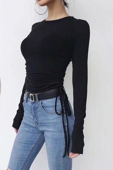 Black drawstring long sleeve top, Women 