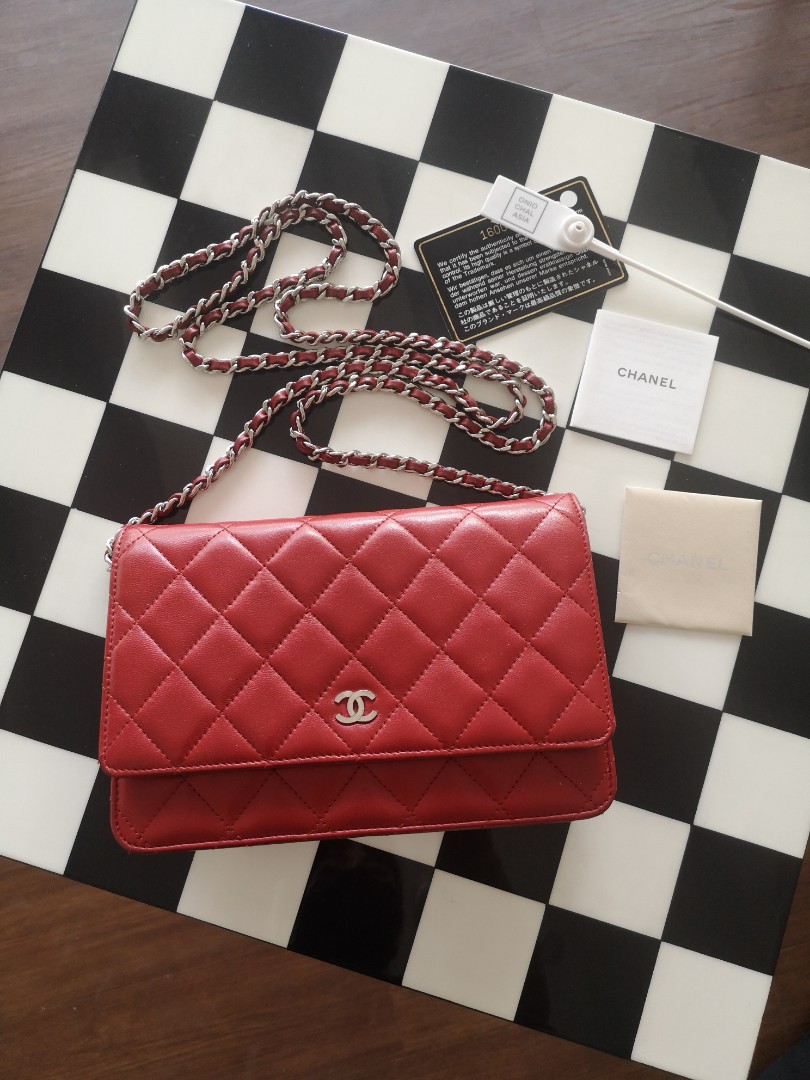 Chanel Red Lambskin Leather Diamond Stitch WOC Wallet On Chain at 1stDibs