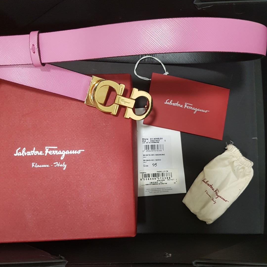 Ferragamo reversible and adjustable Gancini belt pink and black gold metal  authentic branded leather belt 95, Luxury, Accessories on Carousell