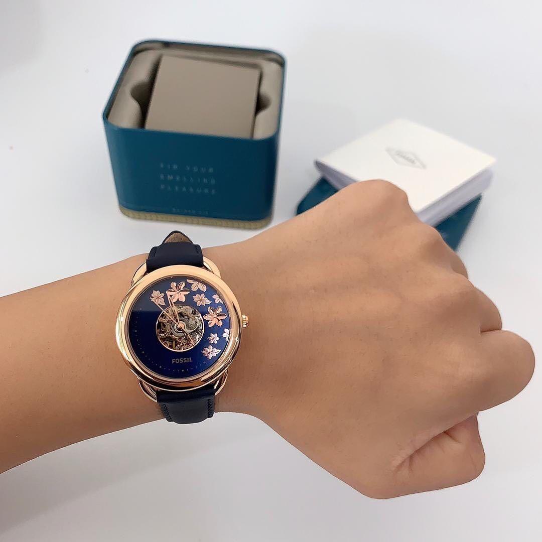 Fossil Women s ME3186 Tailor Automatic Rose Gold Tone Case Blue Leather Watch
