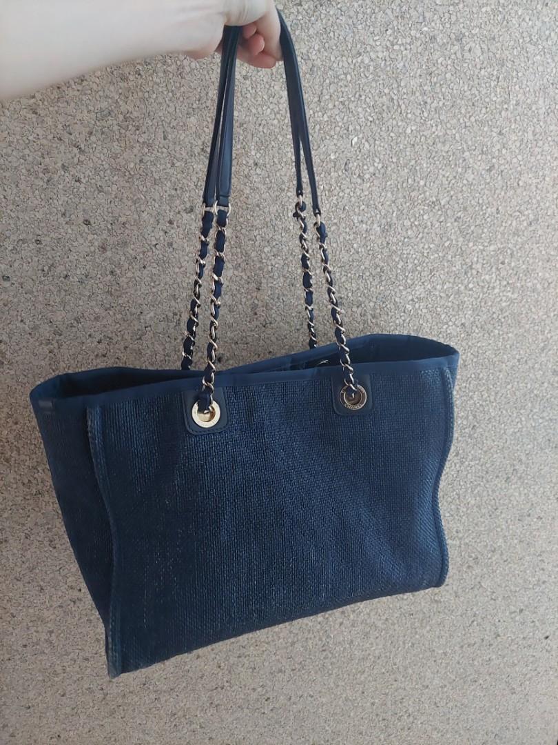 Guarantee Authentic Chanel Blue Denim and Leather Deauville Bowling Chain Shoulder Tote Bag