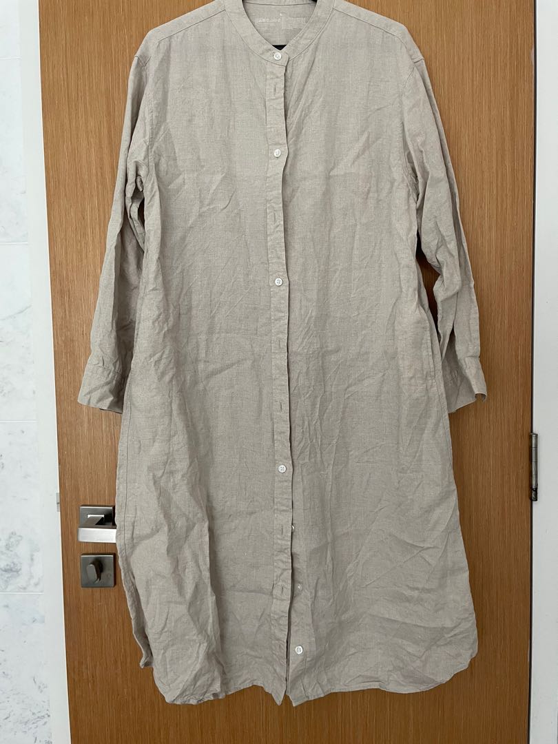 Muji Linen beige long sleeve shirt dress, Women's Fashion, Dresses & Sets, Dresses on Carousell