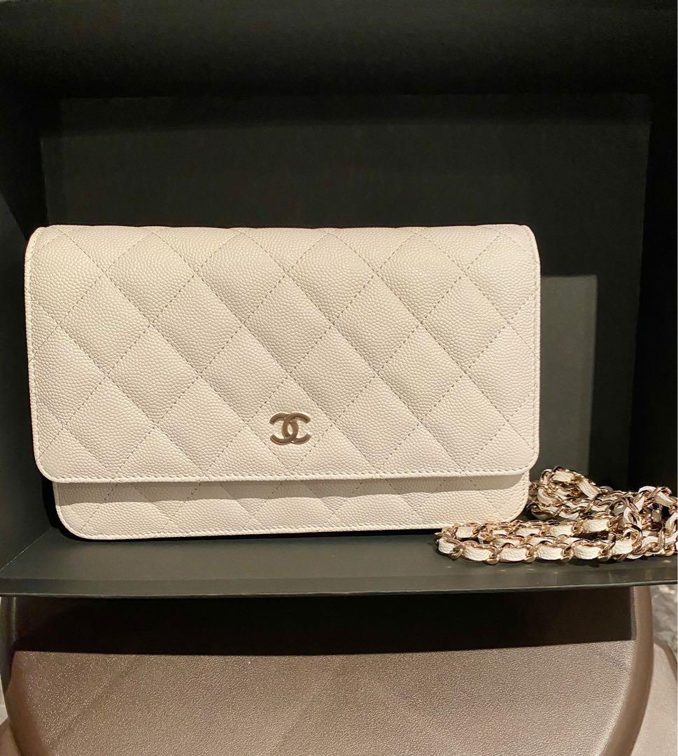 Chanel Quilted Pearl Crush Wallet on Chain WOC White Lambskin Aged Gol   Coco Approved Studio