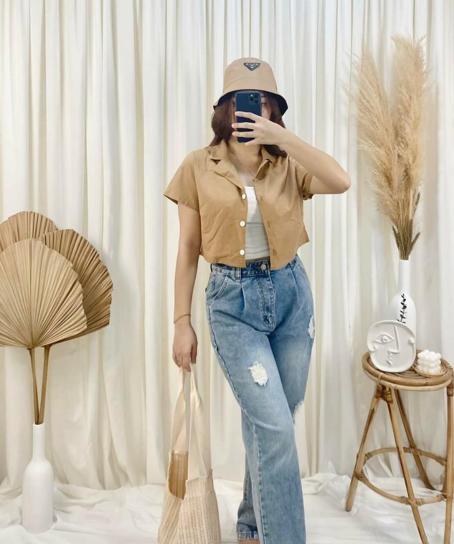 Plain beige brown korean crop polo summer casual linen bangkok top Women s Fashion Tops Others Tops on Carousell
