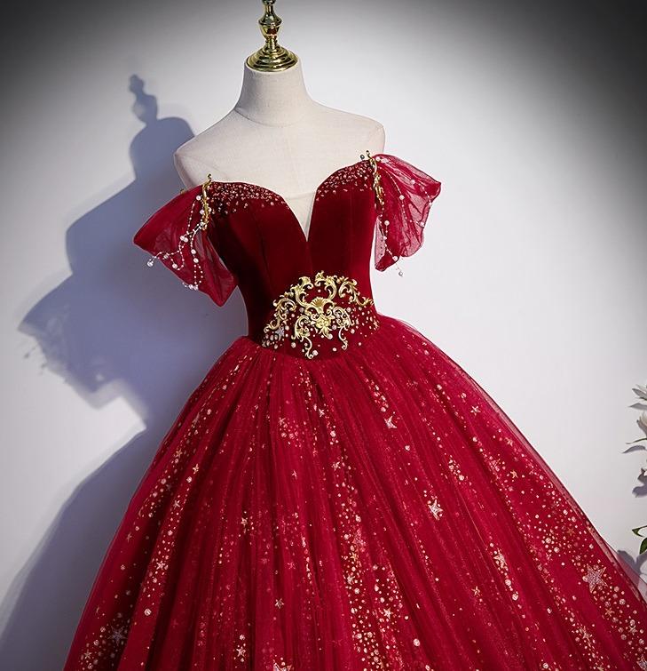 Pre order red off shoulder glitter wedding bridal evening prom dress gown  RBP1711, Women's Fashion, Dresses u0026 Sets, Evening dresses u0026 gowns on  Carousell