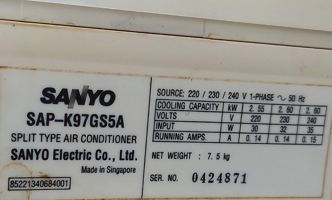 Sanyo Spilt Type Air Conditioner SAPK97GS5A Parts, TV & Home