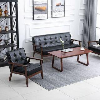 Solid Wood Mid-Century Leather Sofa