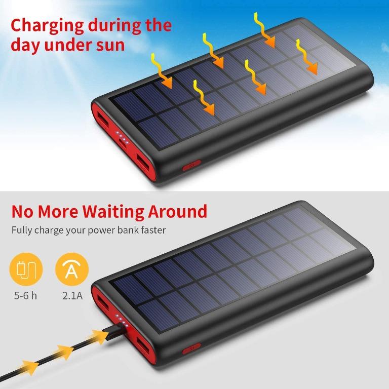 kilponen Solar Power Bank, 26800mAh Portable Charger High Capacity Fast  Charge External Battery Pack Portable Phone Charger with Dual USB Output  for Smart Phones Tablets and More Black