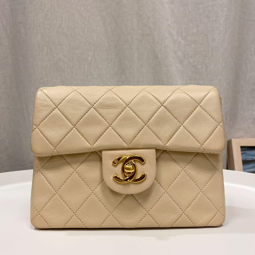 Authentic Vintage Chanel Beige Mini Square Classic Flap bag in Lambskin and 24K  Gold Hardware, Luxury, Bags & Wallets on Carousell