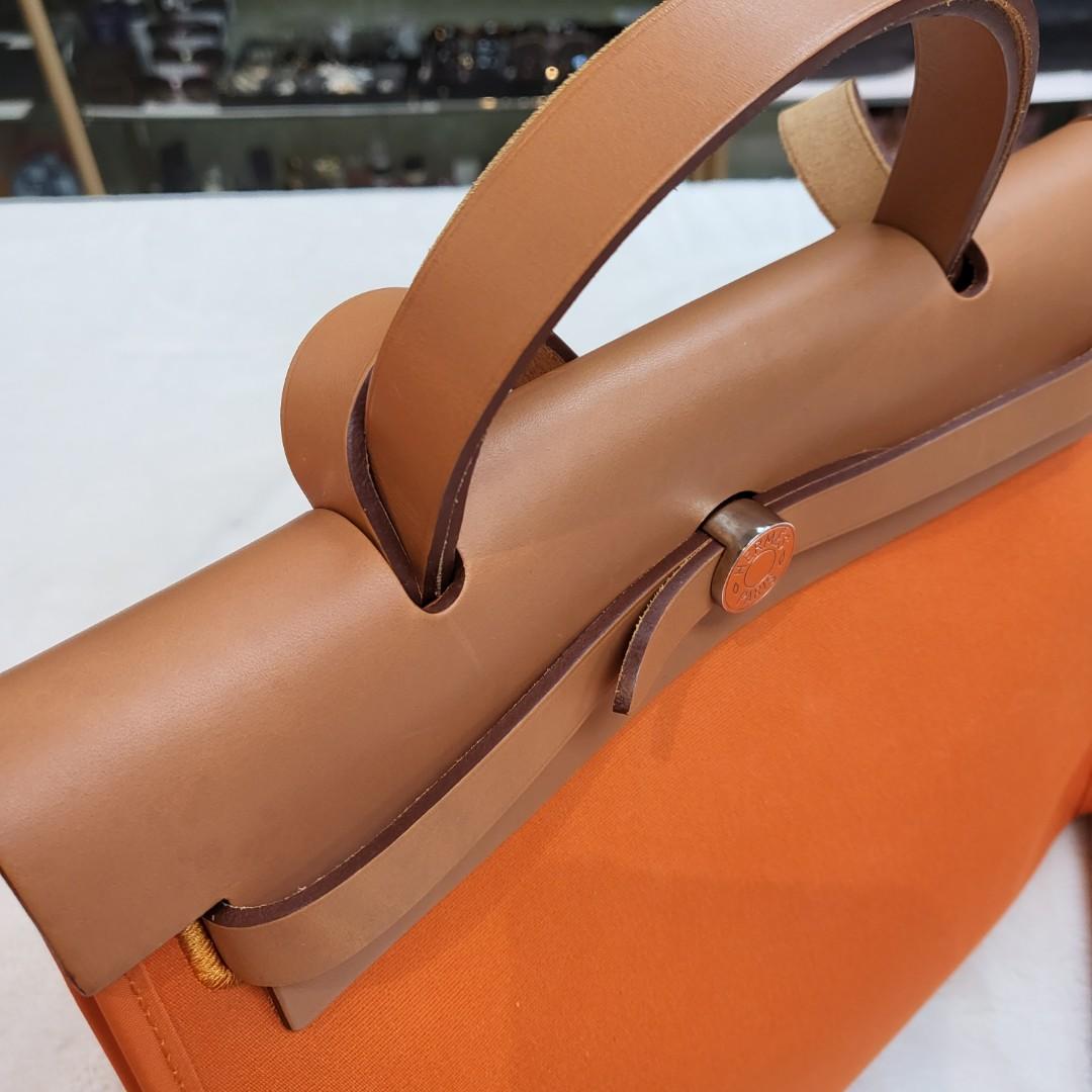 Hermes Orange Canvas Brown Leather Herbag Zip 31 Handbag