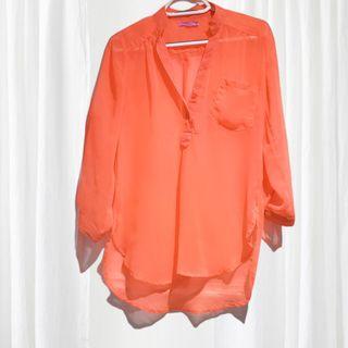 Neon Coral/Neon Orange Semi Sheer Blouse- XS- RARE