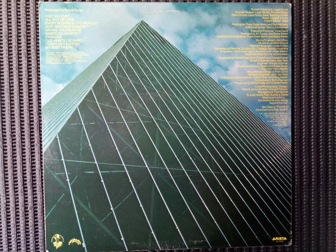 Air Supply LP Vinyl Plaka (Category: Vinyls) located in Las Pinas. Submitted by kinganalog (Listing ID 1142425567, Image 2). Description: Air Supply LP Vinyl Lost In Love album, cover VG light ring wear, media VG to VG+. Made in USA. Shipping nation wide or COD on buyer's account and expense. Payment can be made via Gcash or Unionbank. Our shop King Analog is now open to serve you located at Metrocor Homes B Las Pinas City along Marcos Alvarez hi